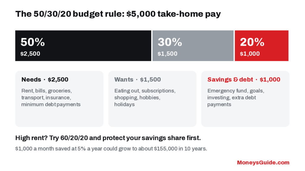50/30/20 budget rule example – $5,000 take-home pay split into needs, wants and savings
