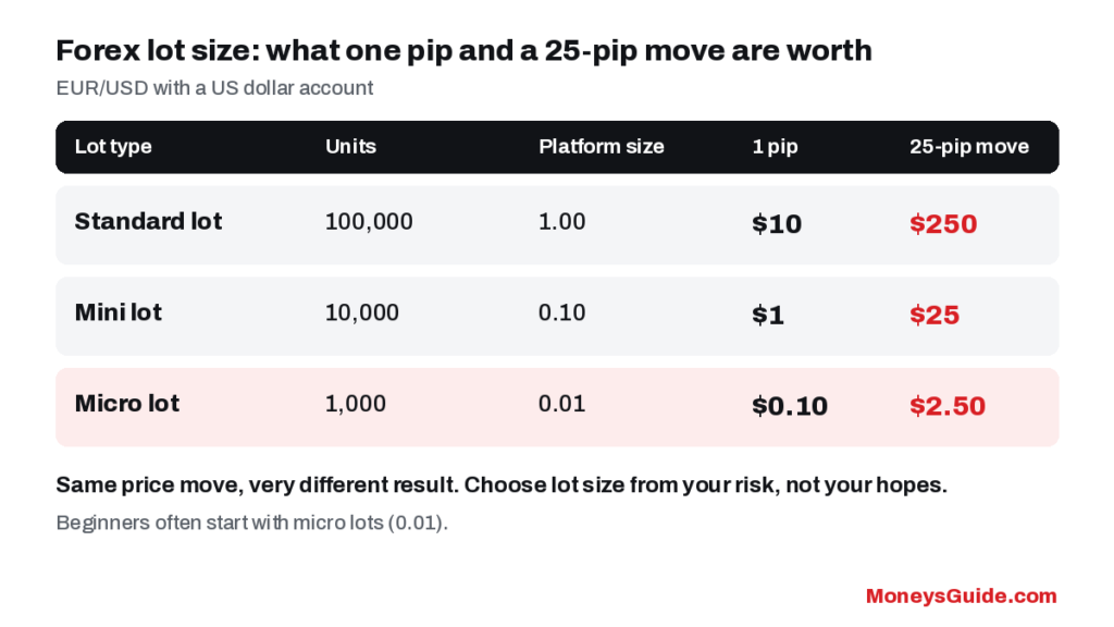 Forex lot size – standard, mini and micro lots with pip value and a 25-pip move