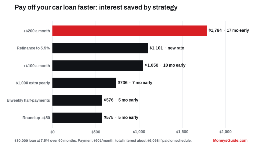 Pay off your car loan faster – months saved and interest saved for each strategy