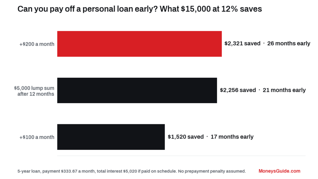 Can you pay off a personal loan early – interest saved with extra and lump-sum payments on $15,000