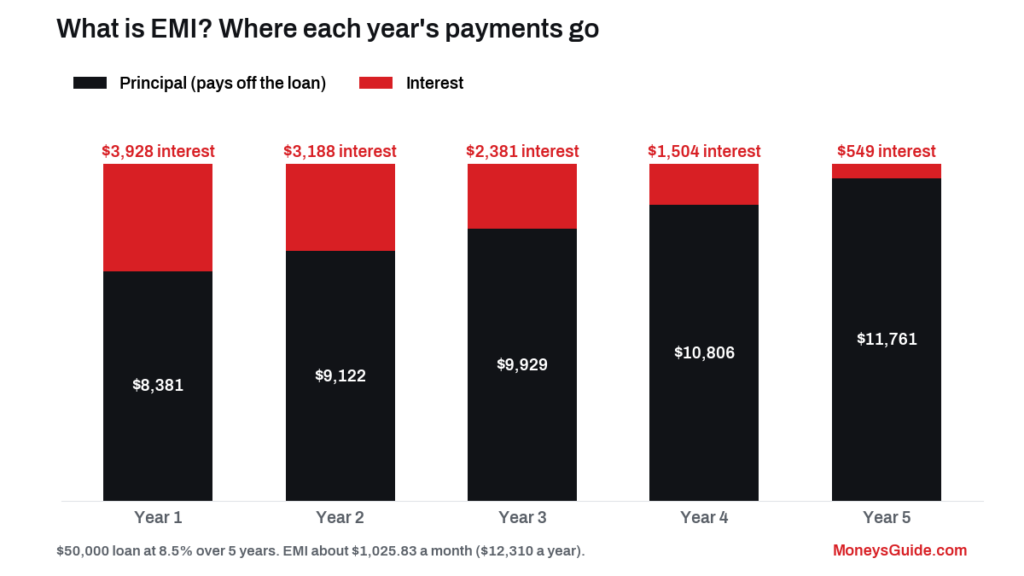 How are loan payments calculated – how each year's payments split between interest and principal